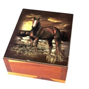 Standing Horse Hinged Souvenir Box Vintage Lake Placid New York Wood Cedar Box